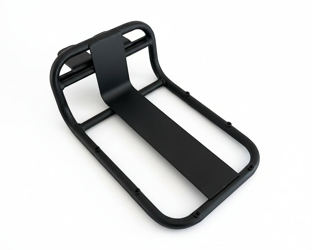 Molenstraat Fatbikes black metal front luggage rack for fatbikes with a sturdy frame and mounting points.