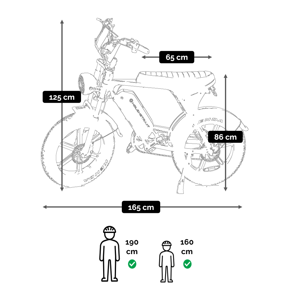 Molenstraat Fatbikes DAPPER electric fatbike technical line drawing with dimensions and rider height guide