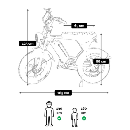 Molenstraat Fatbikes DAPPER electric fatbike technical line drawing with dimensions and rider height guide