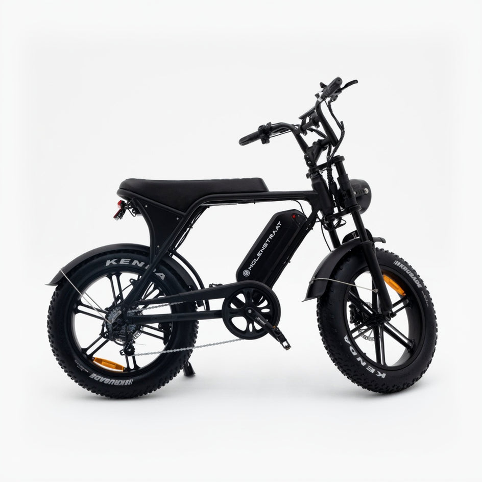 Molenstraat Fatbikes DAPPER electric fatbike in matte black with fat tires, front suspension, and LED lighting.