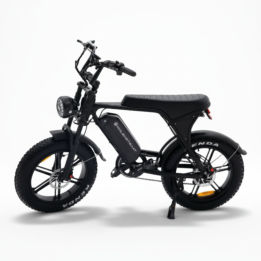 Molenstraat Fatbikes DAPPER electric fatbike in matte black with fat tires, front suspension, and LED headlight.
