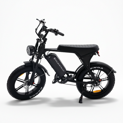Molenstraat Fatbikes DAPPER electric fatbike in matte black with fat tires, front suspension, and LED headlight.