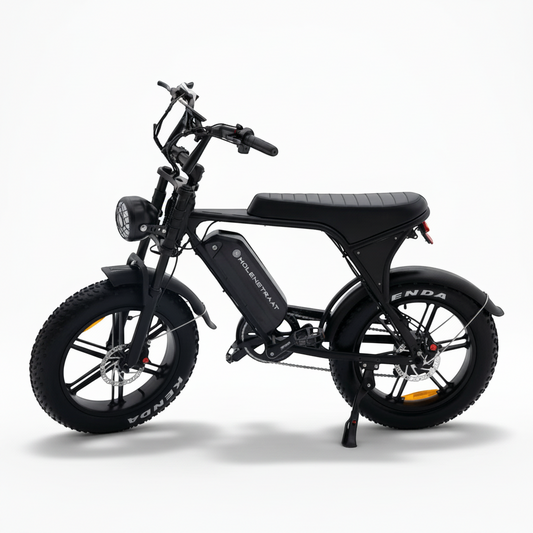 Molenstraat Fatbikes DAPPER electric fatbike in matte black with fat tires, front suspension, and LED headlight.