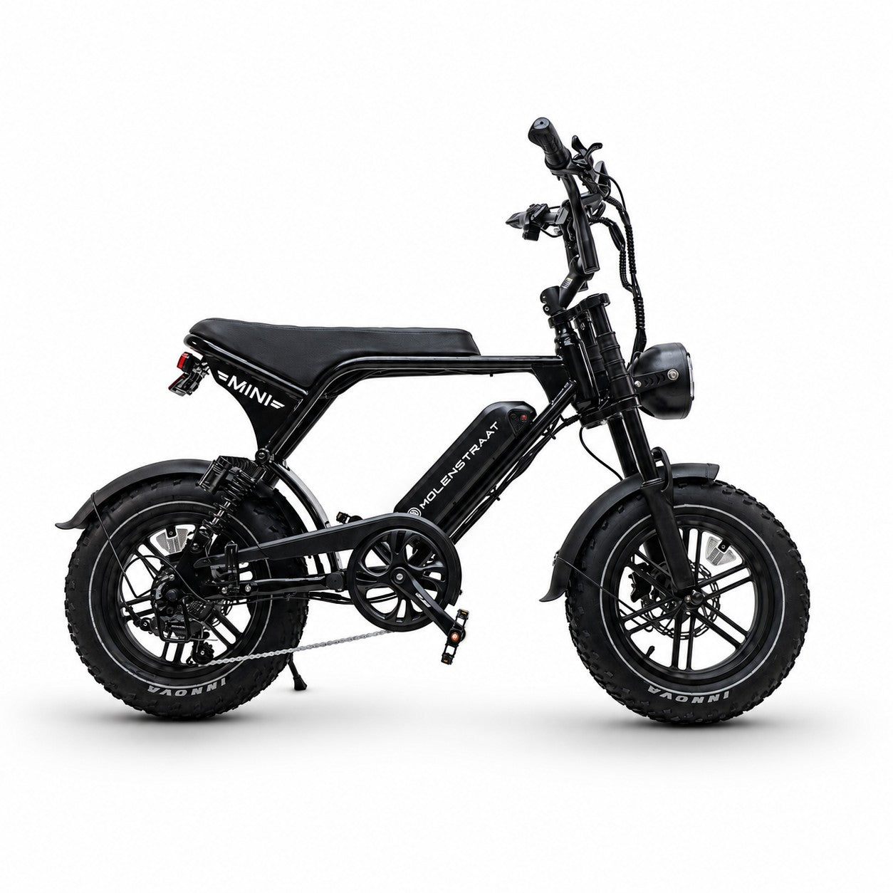 Molenstraat Fatbikes MINI MS black electric fatbike with 16-inch wheels, dual suspension, and compact frame design.