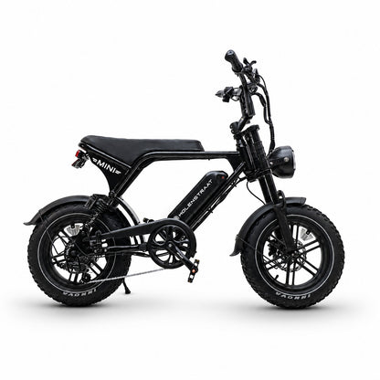 Molenstraat Fatbikes MINI MS black electric fatbike with 16-inch wheels, dual suspension, and compact frame design.