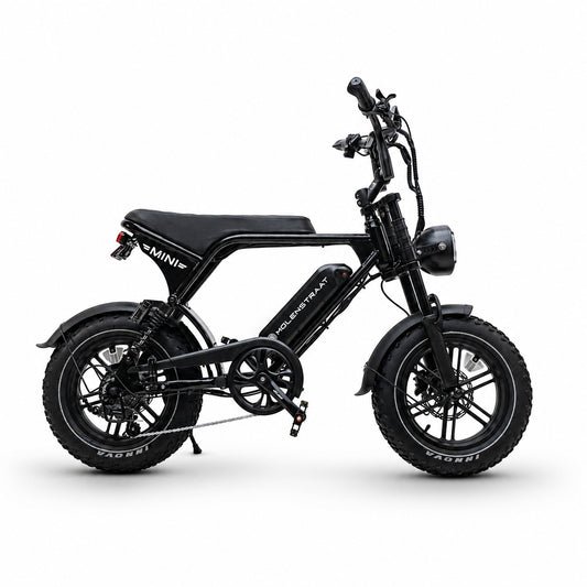 Molenstraat Fatbikes MINI MS black electric fatbike with 16-inch wheels, dual suspension, and compact frame design.