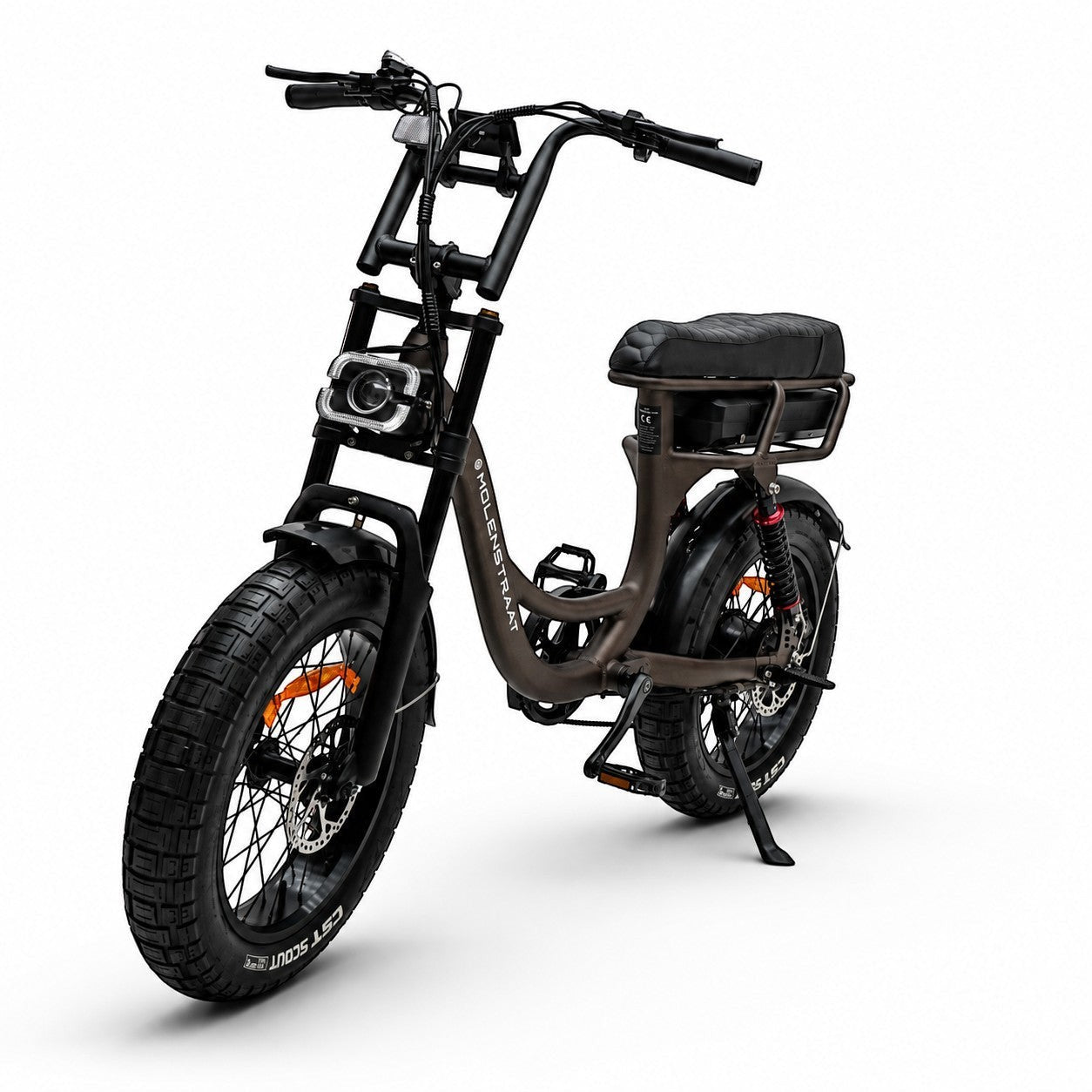 Molenstraat Fatbikes MOOI electric bike in Deep Coffee with fat tires, front and rear suspension, and step-through frame.