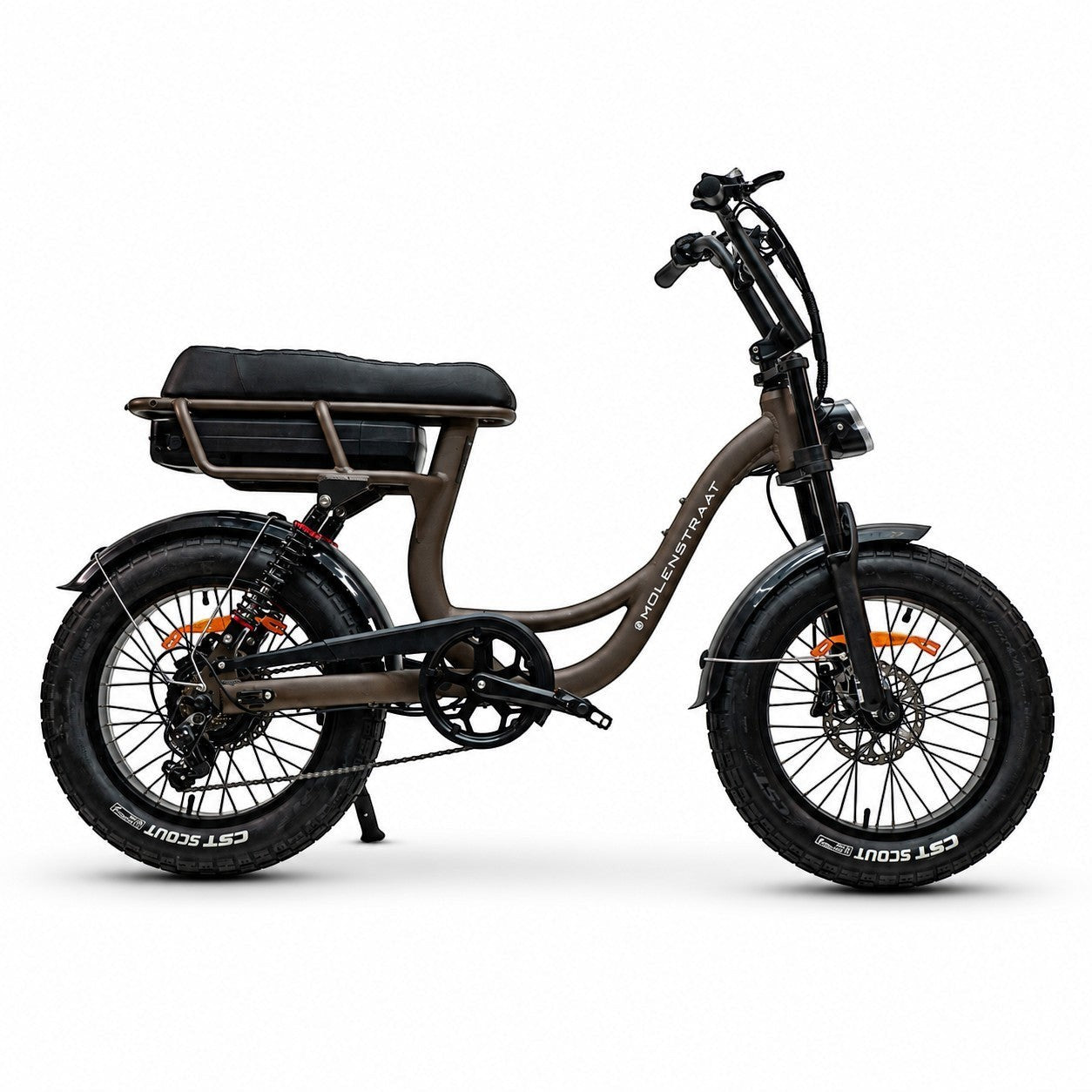 Molenstraat Fatbikes MOOI electric bike in Deep Coffee with fat tires, front and rear suspension, and step-through frame