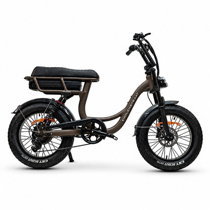Molenstraat Fatbikes MOOI electric bike in Deep Coffee with fat tires, front and rear suspension, and step-through frame