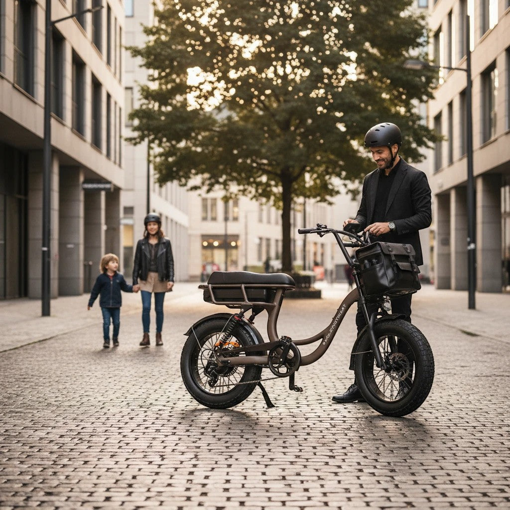 Molenstraat Fatbikes MOOI electric bike in Deep Coffee with fat tires and suspension, parked on a city cobblestone street.