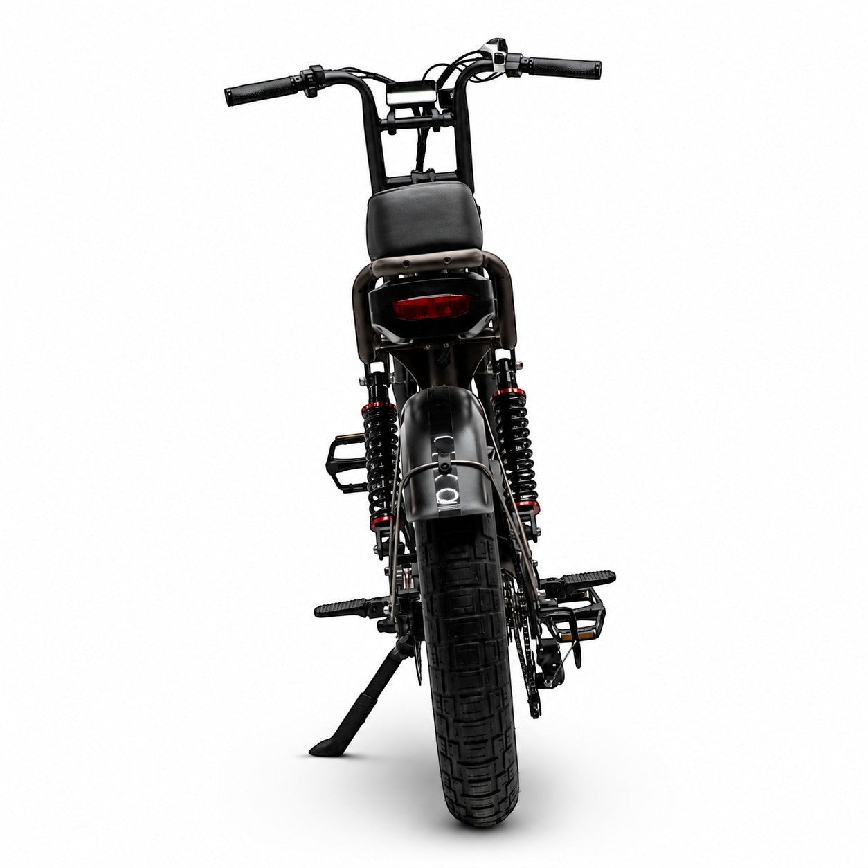 Molenstraat Fatbikes MOOI electric fatbike in deep coffee, rear view showing suspension, fat tires, and saddle.