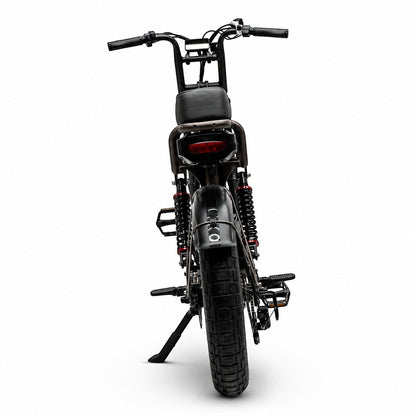 Molenstraat Fatbikes MOOI electric fatbike in deep coffee, rear view showing suspension, fat tires, and saddle.