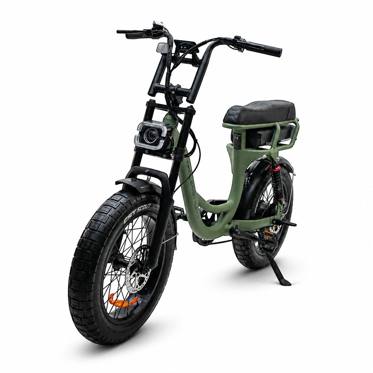 Molenstraat Fatbikes MOOI electric bike in olive green with fat tires, front suspension, and step-through frame.