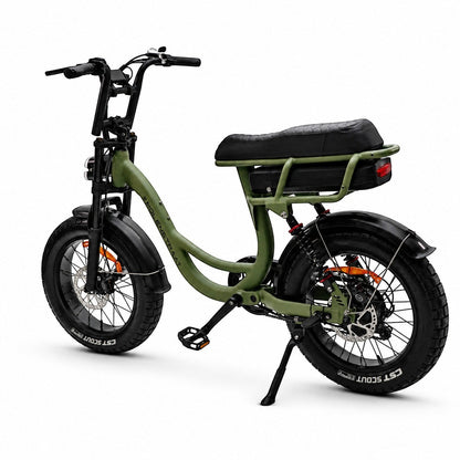 Molenstraat Fatbikes MOOI electric bike in olive green with step-through frame, fat tires, and rear suspension.