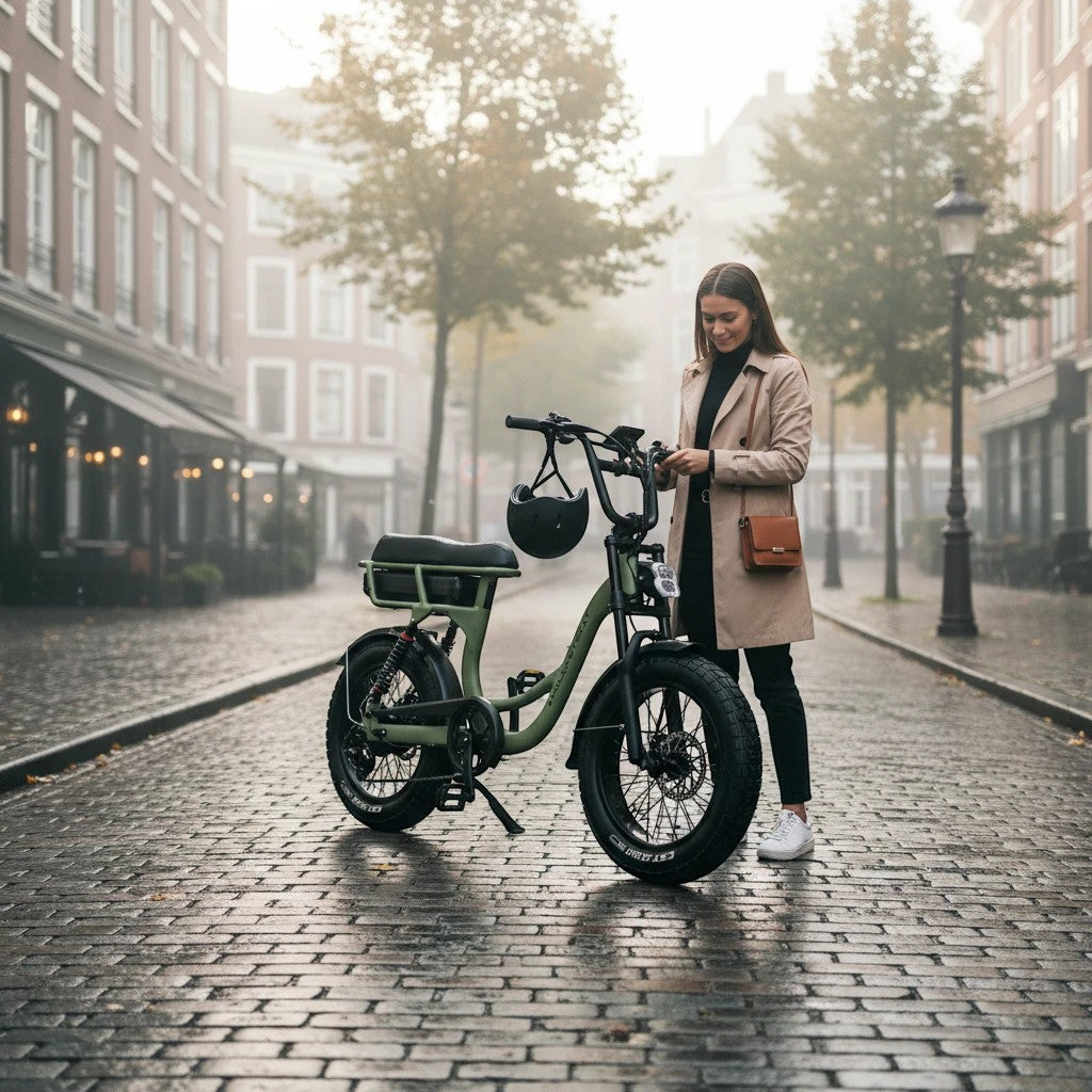 Molenstraat Fatbikes MOOI electric bike in olive green with fat tires, parked on a cobblestone street with a rider.