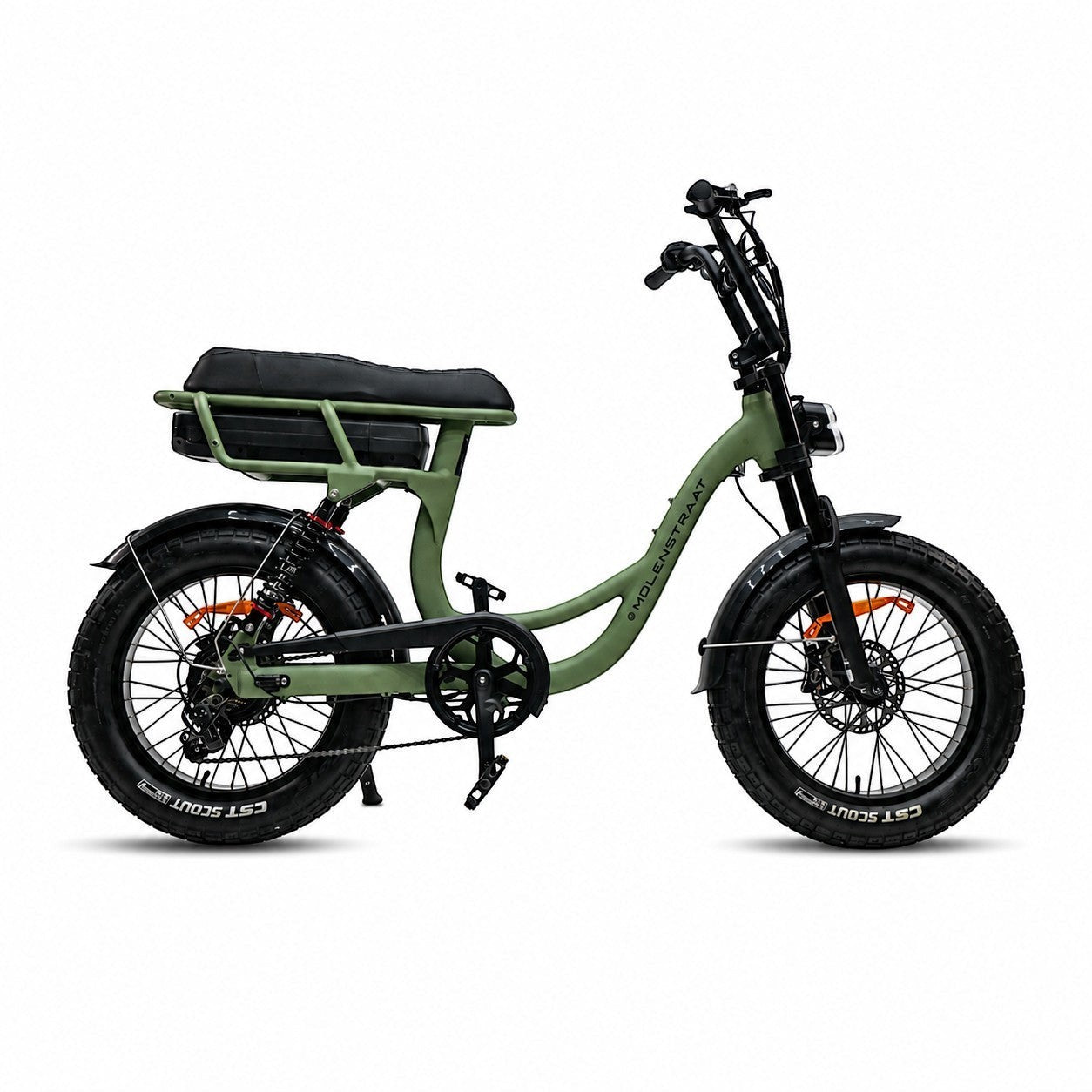 Molenstraat Fatbikes MOOI electric bike in olive green with fat tires, step-through aluminium frame, and suspension.