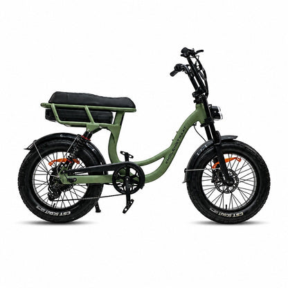 Molenstraat Fatbikes MOOI electric bike in olive green with fat tires, step-through aluminium frame, and suspension.