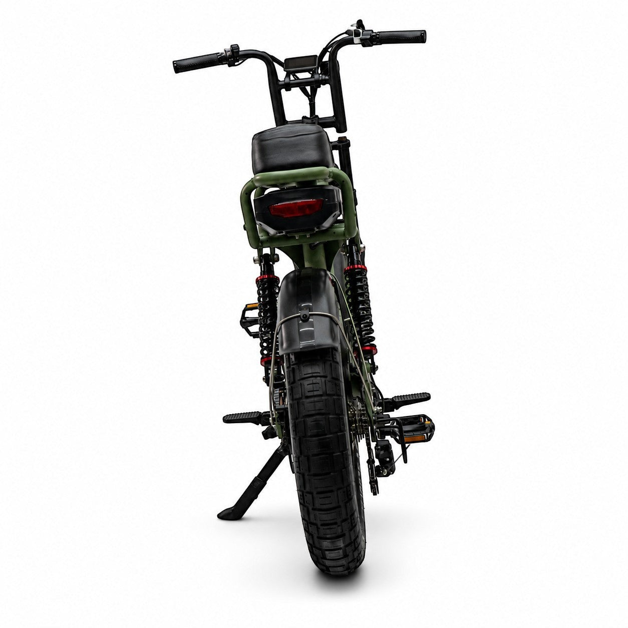 Rear view of Molenstraat Fatbikes MOOI electric bike in olive green with fat tires and rear suspension system