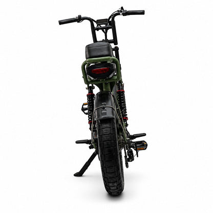 Rear view of Molenstraat Fatbikes MOOI electric bike in olive green with fat tires and rear suspension system