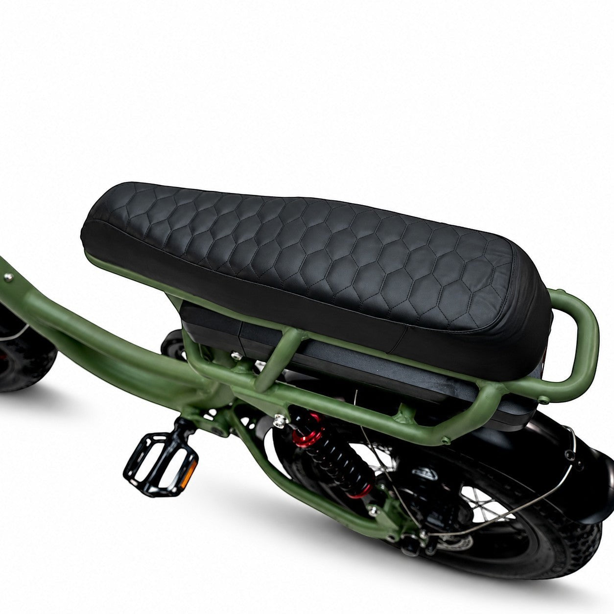 Molenstraat Fatbikes MOOI electric bike featuring an olive green frame and a black quilted leather bench seat.