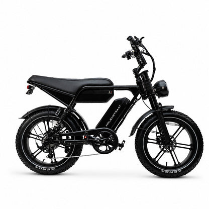 Molenstraat Fatbikes STORM electric bike in matte black with fat tires, dual suspension, and steel frame side view.