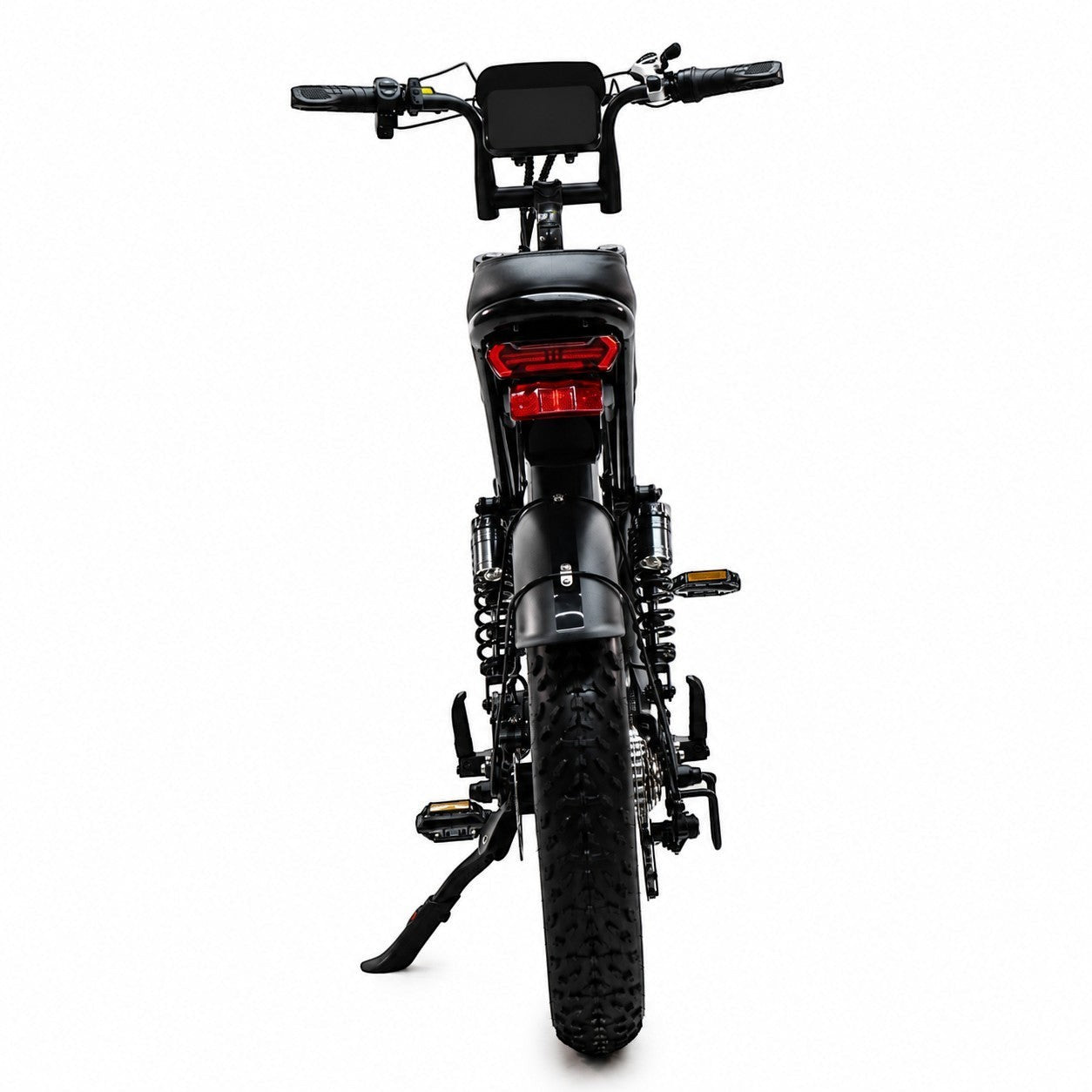 Rear view of Molenstraat Fatbikes STORM electric fatbike with black steel frame, rear suspension, and LED tail light.