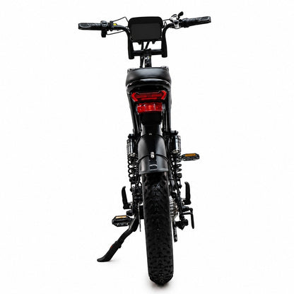 Rear view of Molenstraat Fatbikes STORM electric fatbike with black steel frame, rear suspension, and LED tail light.