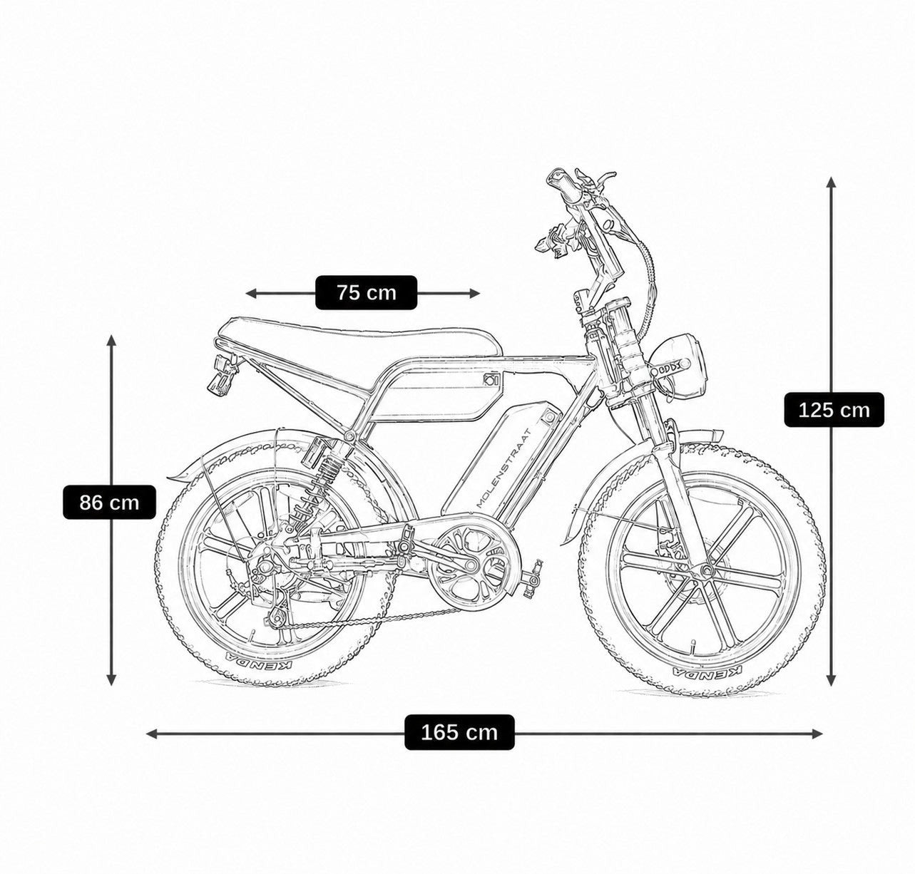 Molenstraat Fatbikes STORM electric bike technical line drawing with dimensions showing frame and wheel specifications